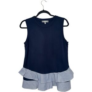 Marled Navy Blue Tank Top with Pinstripe Ruffle Coquette Preppy style medium